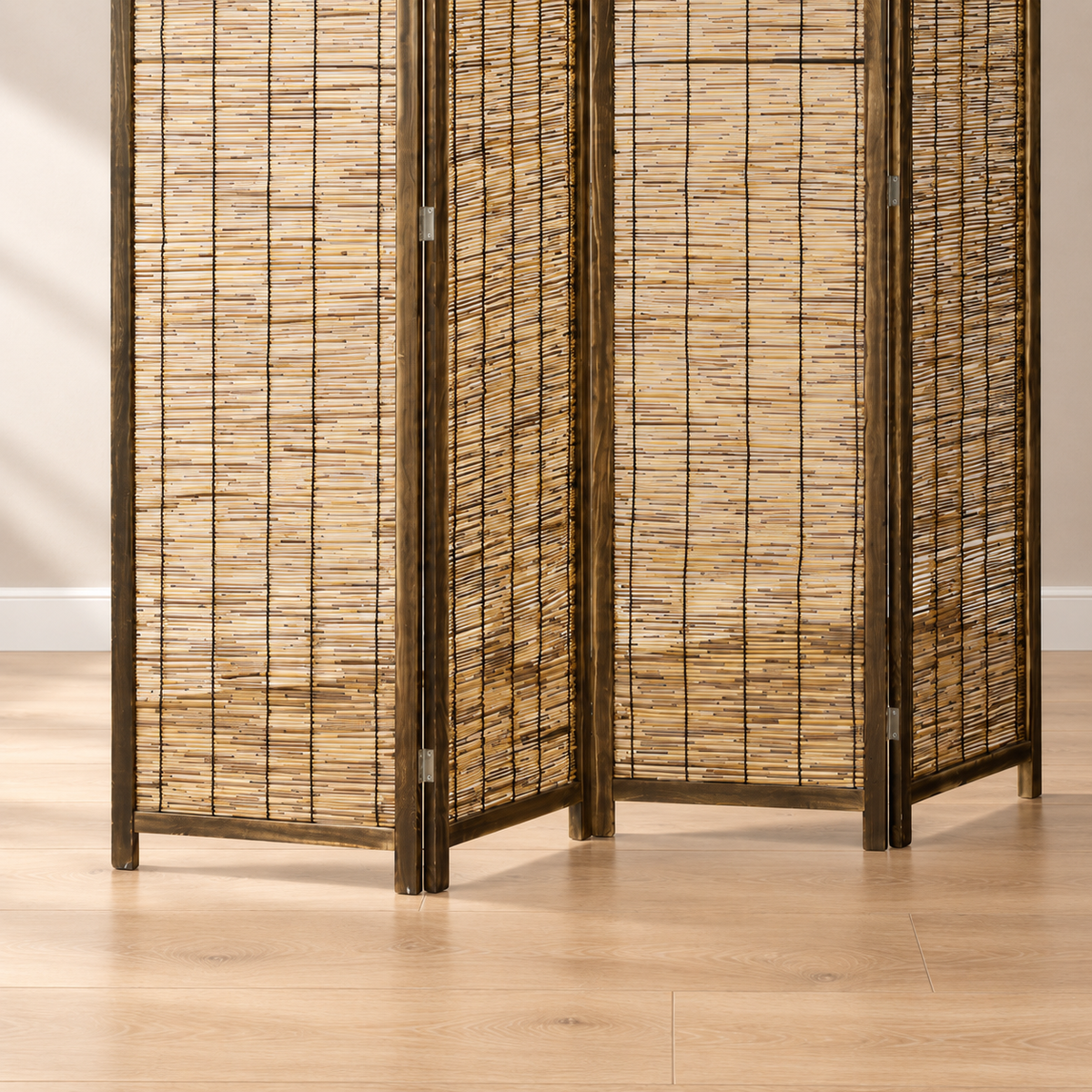 Paravent 4 panneaux roseau tressé, cadre paulownia, 160 x 170 cm — détail du bas