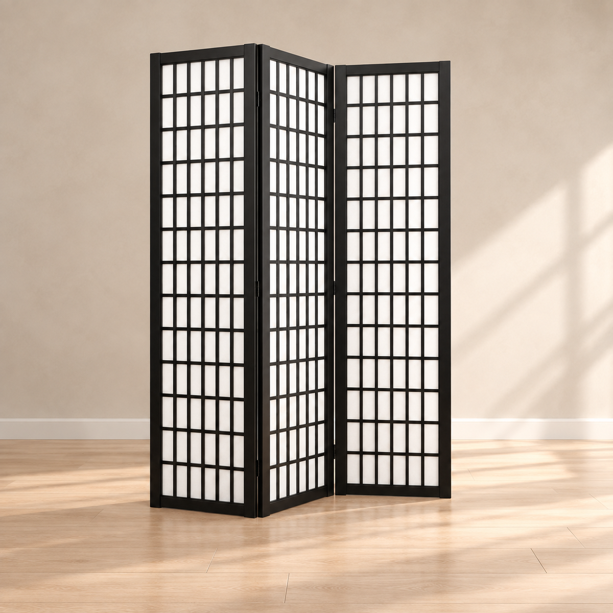 Paravent japonais shoji 3 panneaux, bois noir, 120,5 x 170 cm — autre angle