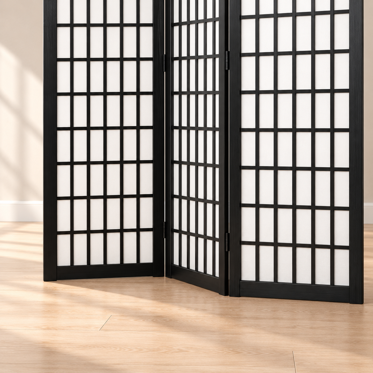 Paravent japonais shoji 3 panneaux, bois noir, 120,5 x 170 cm — détail du bas