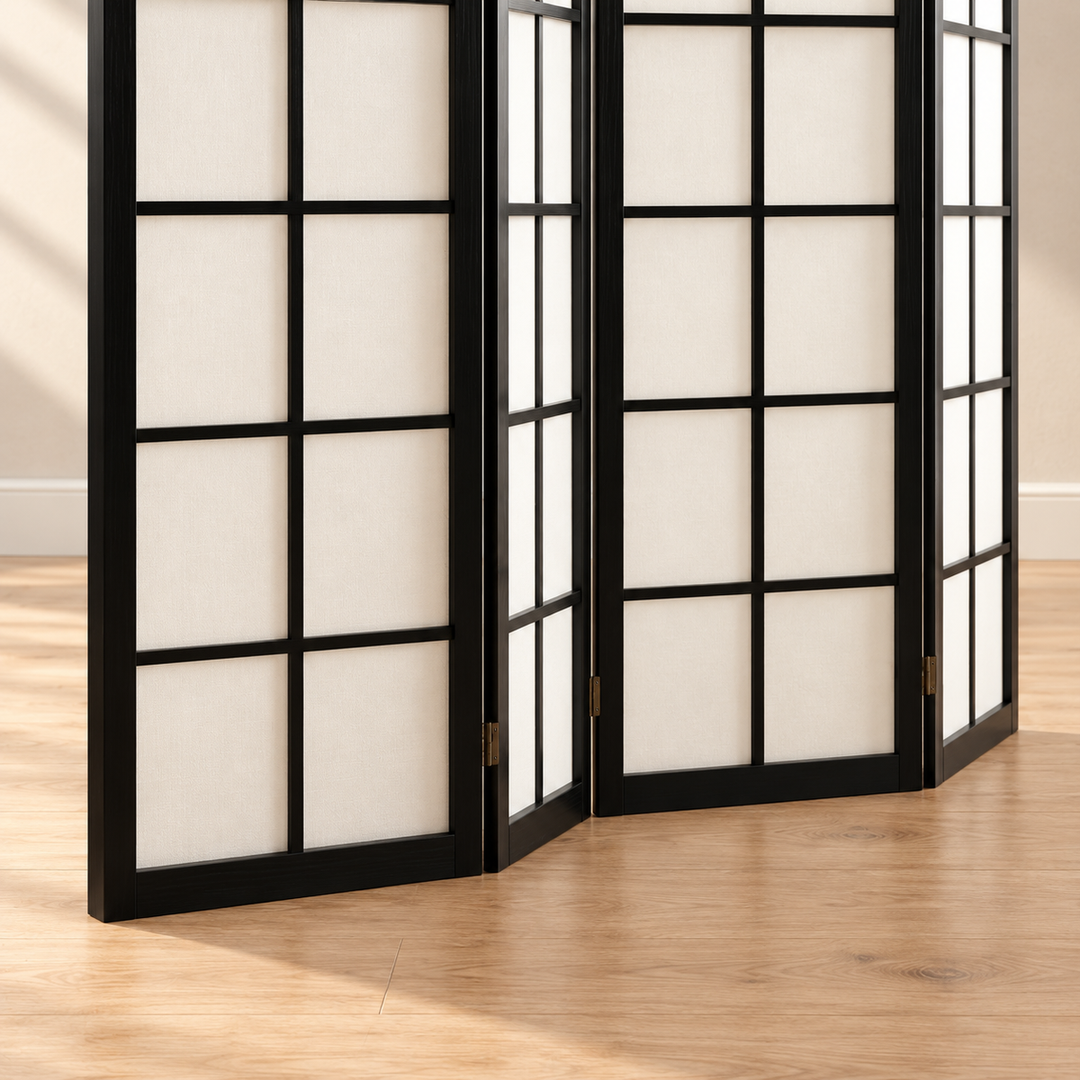 Paravent japonais shoji 4 panneaux noir, cadre pin, 160 x 170 cm — détail du bas