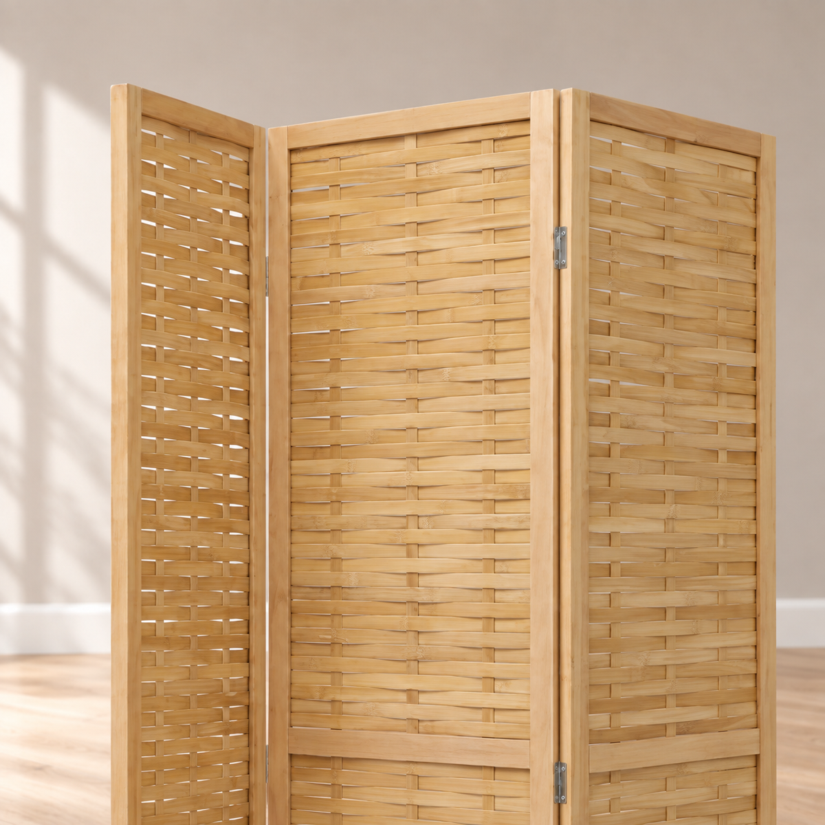 Paravent 3 panneaux bambou tressé naturel, 120 x 170 cm — détail du haut