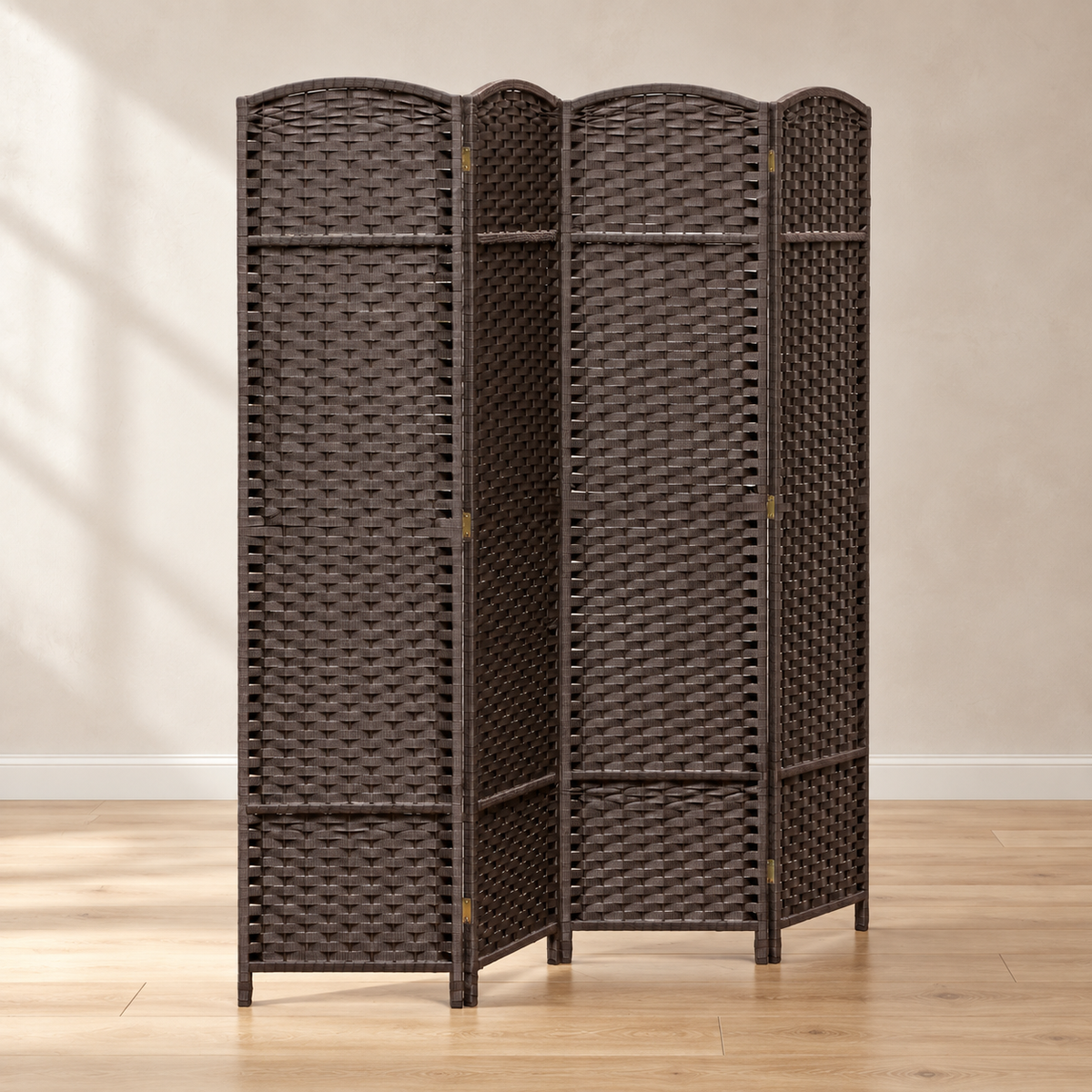 Paravent 4 panneaux tressé à sommet arrondi, cadre pin, 160 x 170 cm — vue principale