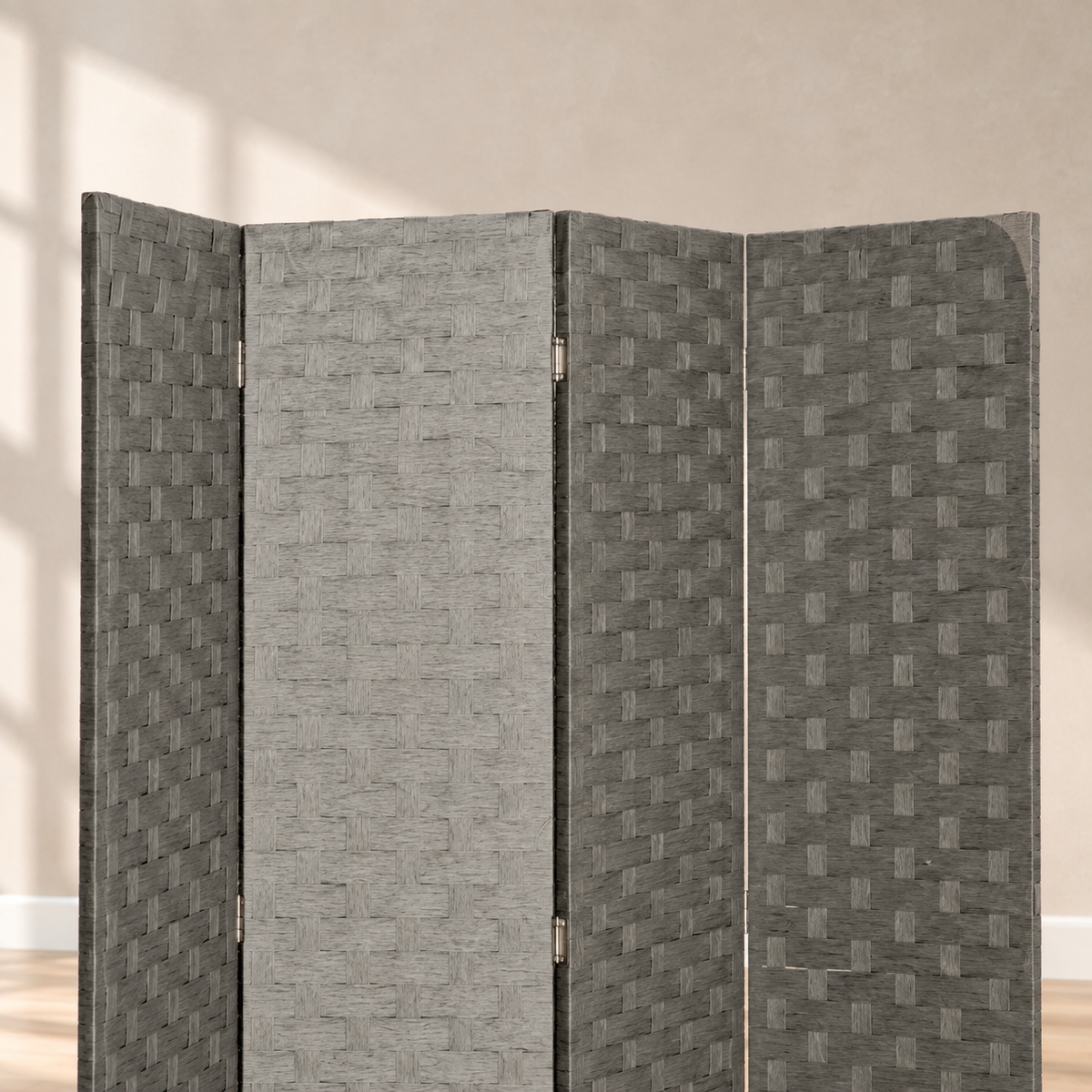 Paravent 4 panneaux effet rotin, cadre pin, 159,5 x 169,5 cm — détail du haut
