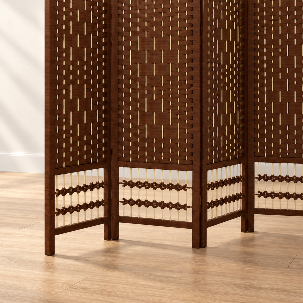 Paravent 4 panneaux tressé marron, bois massif, 160 x 170 cm — détail du bas