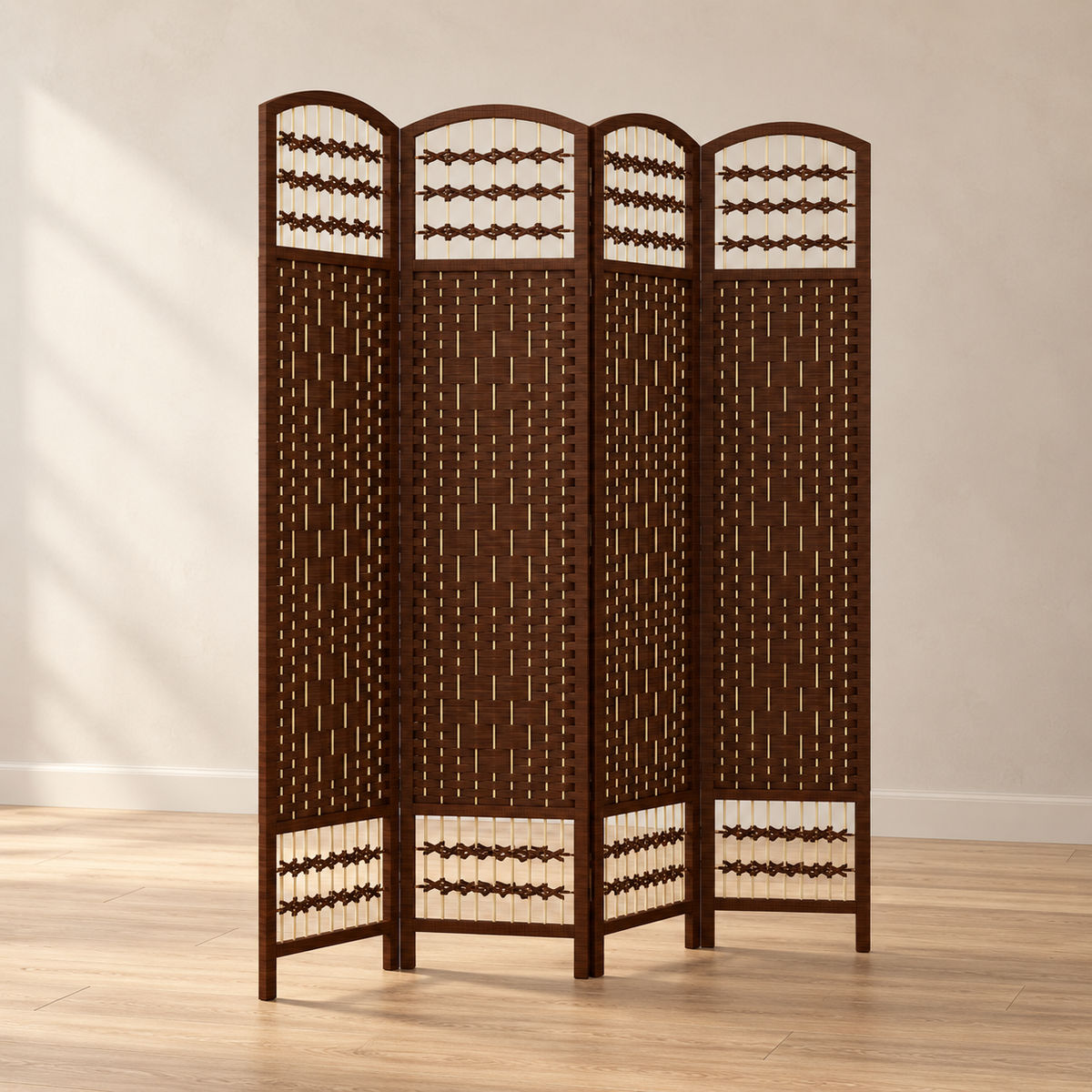 Paravent 4 panneaux tressé marron, bois massif, 160 x 170 cm — vue principale