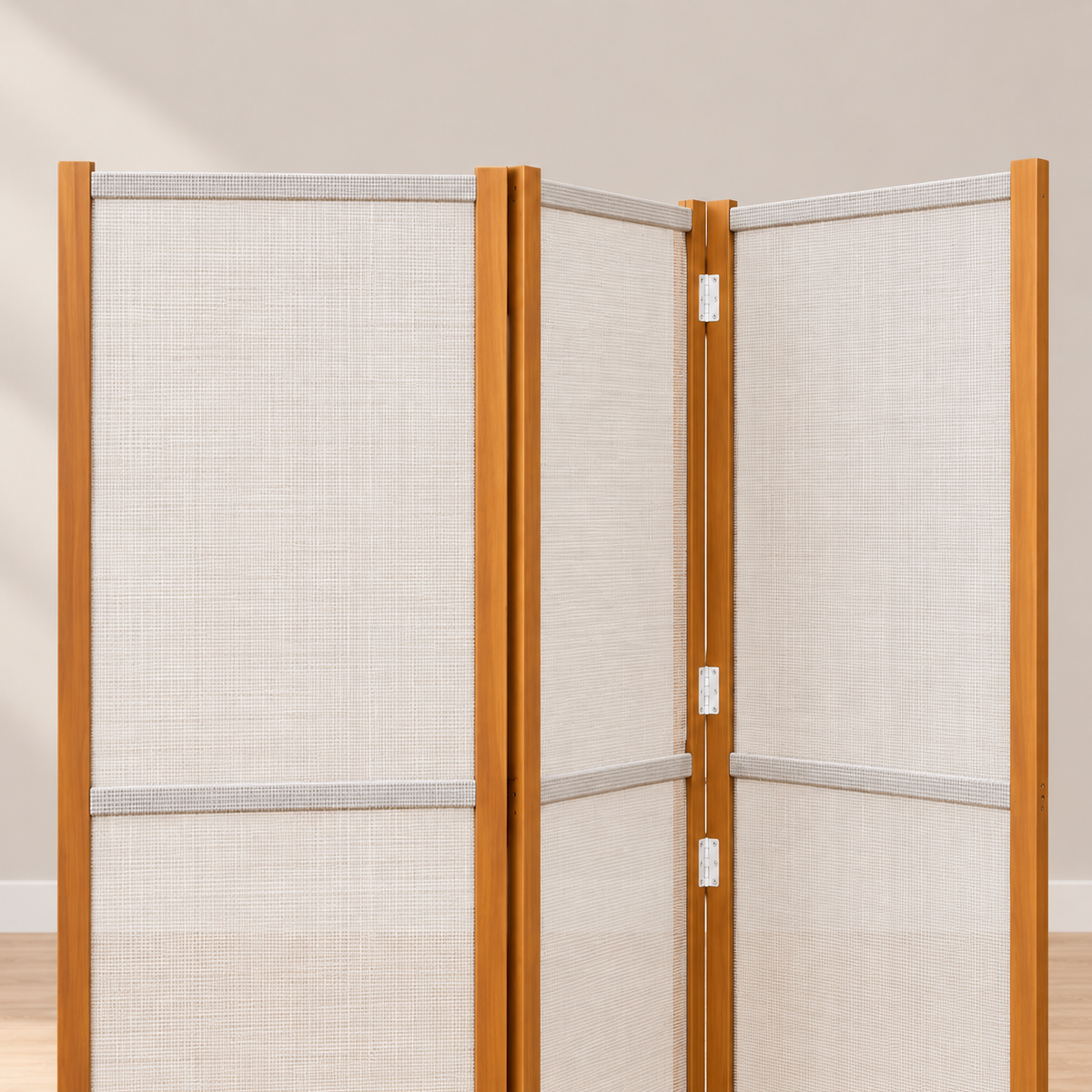 Paravent 3 panneaux acacia massif et textilène, 210 x 180 cm — détail du haut