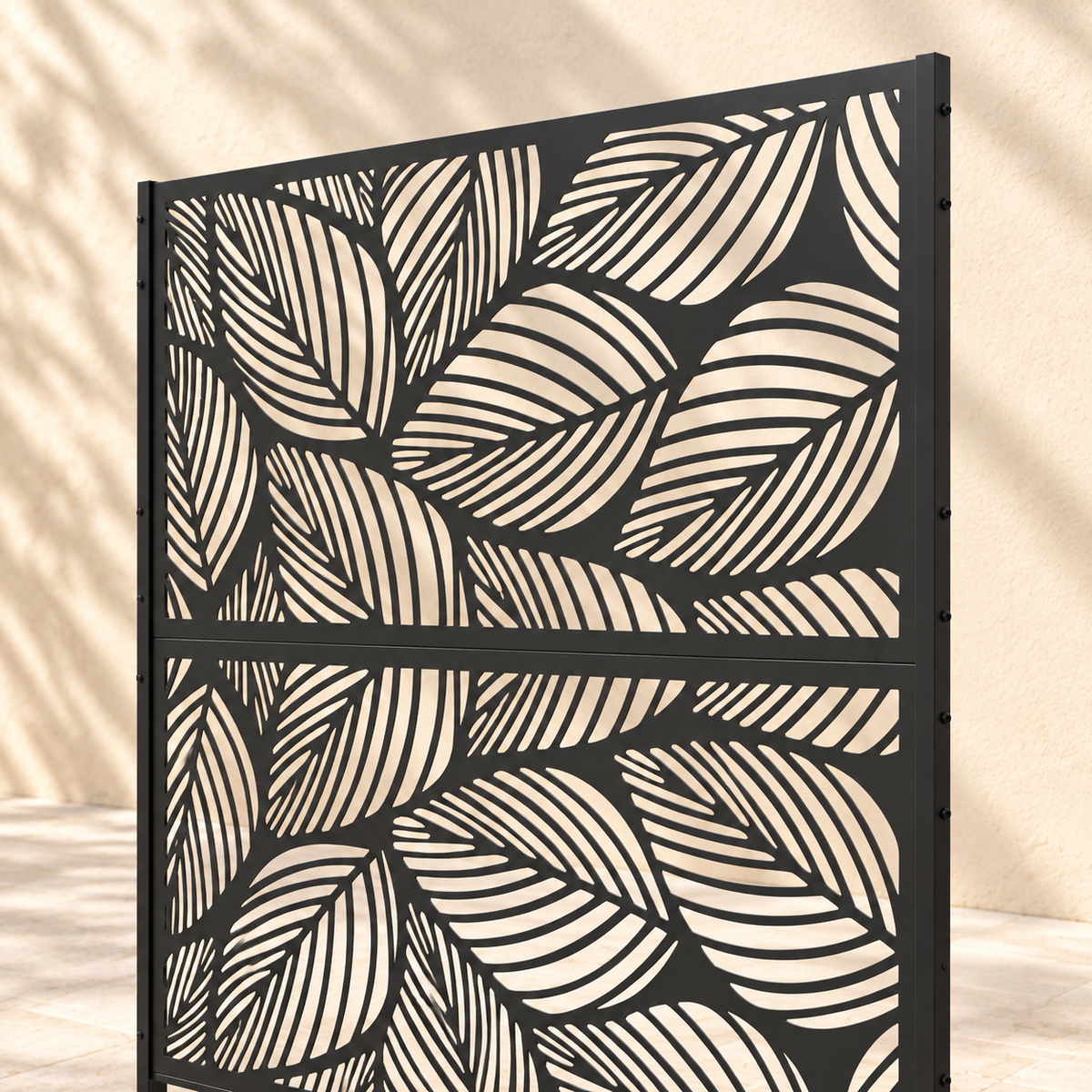 Brise-vue métal noir motif végétal, 122 x 198 cm — détail du haut