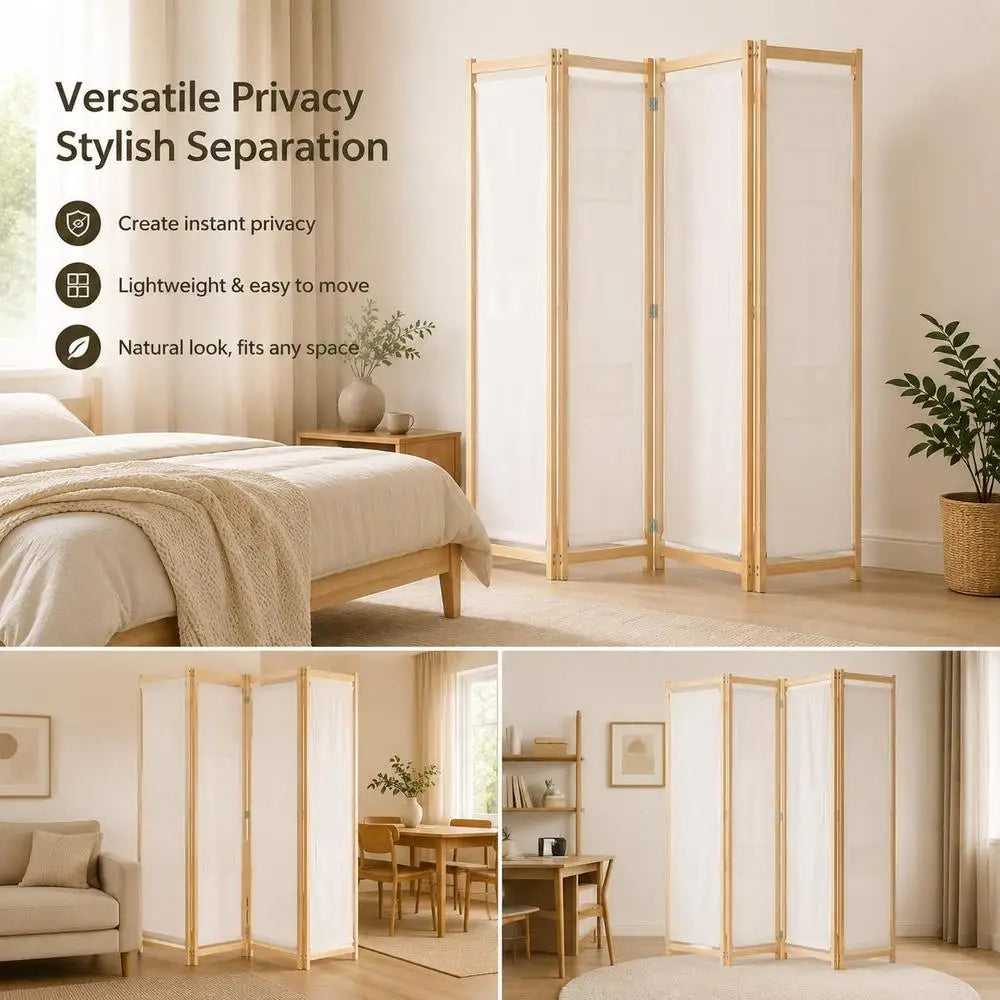 Paravent 4 panneaux bois et tissu, 160 x 170 cm