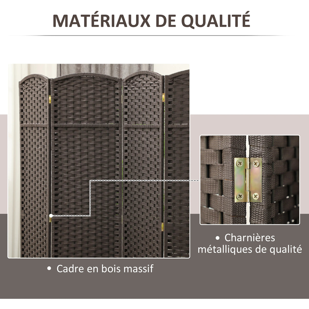 Paravent 4 panneaux tressé à sommet arrondi, cadre pin, 160 x 170 cm – vue 5