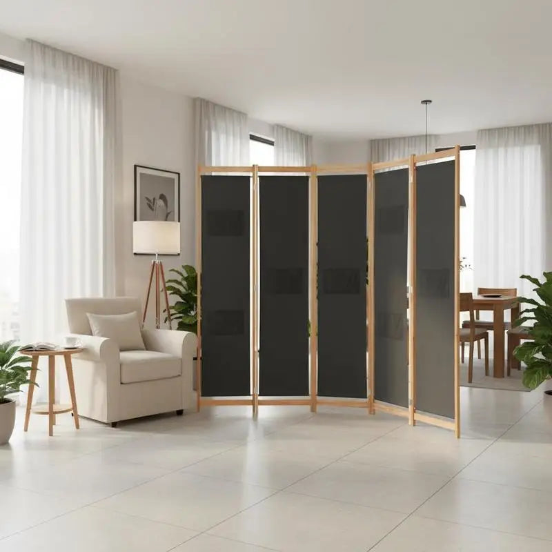 Paravent 6 panneaux tissu gris avec poches, cadre sapin, 240 x 170 cm