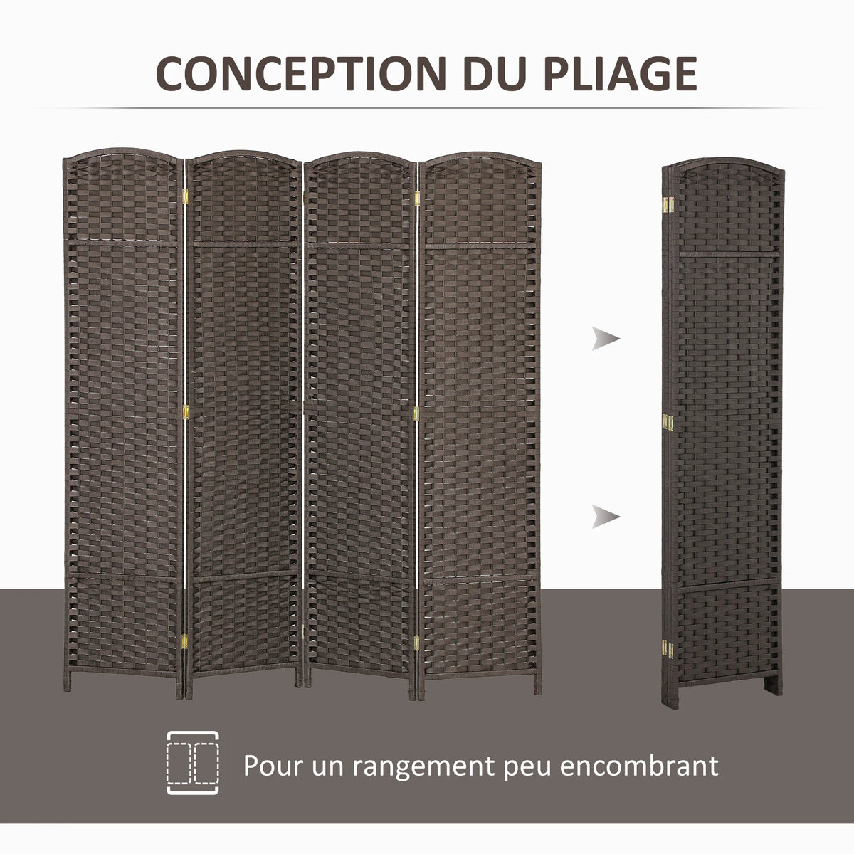 Paravent 4 panneaux tressé à sommet arrondi, cadre pin, 160 x 170 cm – vue 4