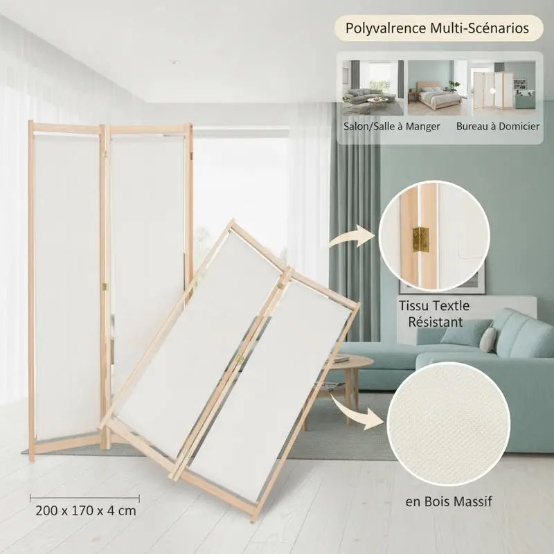 Paravent 5 panneaux tissu crème avec poches, cadre sapin, 200 x 170 cm – vue 3