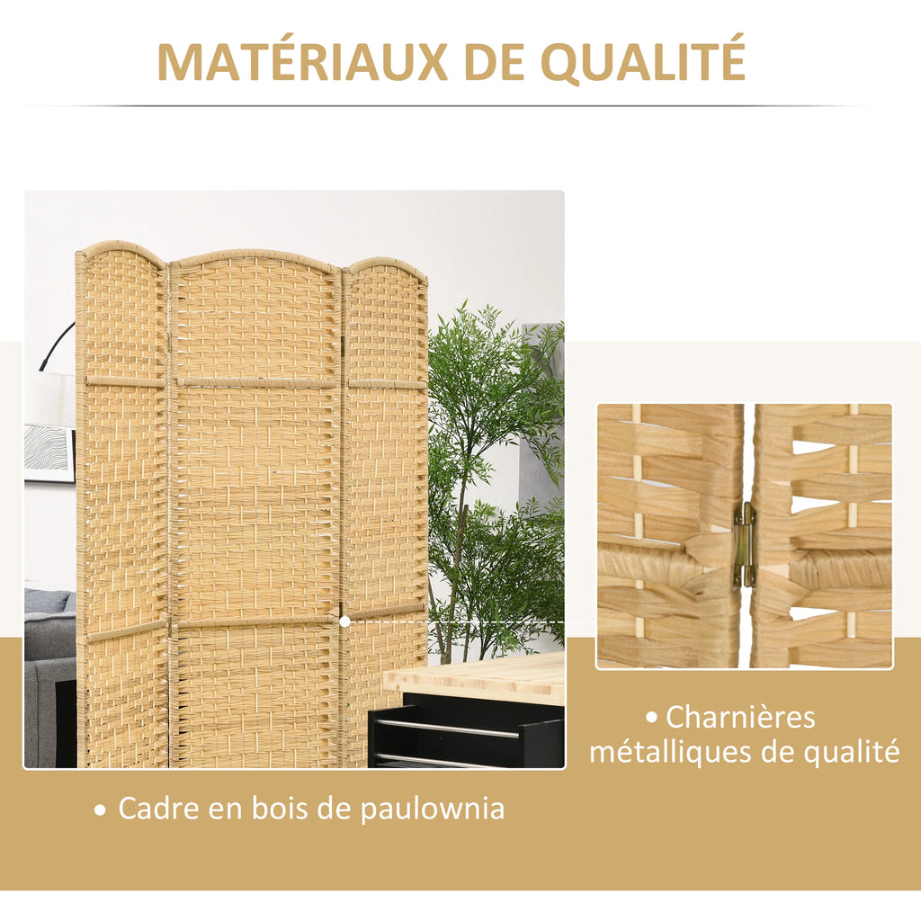 Paravent 3 panneaux tressé à sommet arrondi, cadre pin, 135 x 180 cm – vue 5