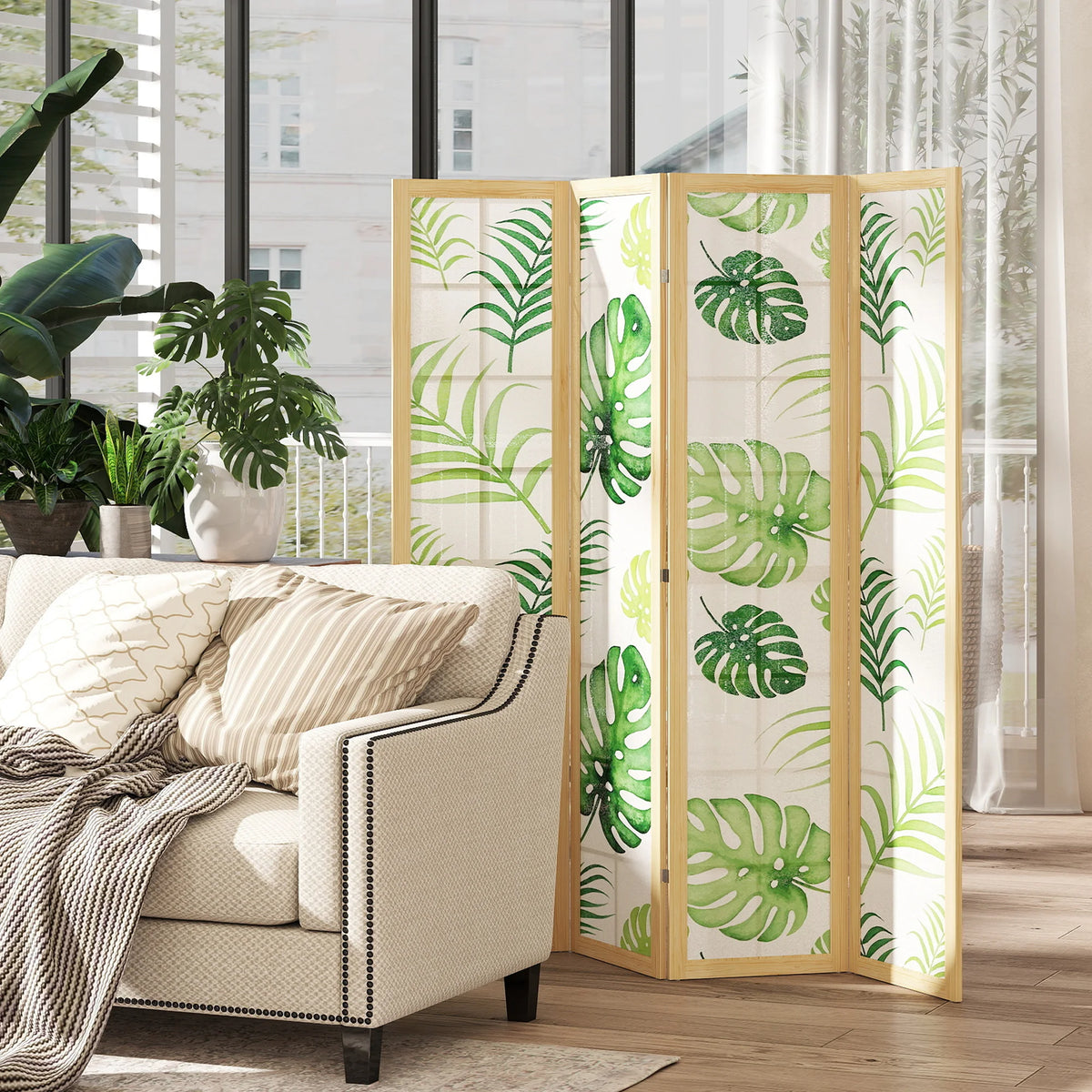 Paravent 4 panneaux imprimé feuilles de palmier, cadre pin, 160 x 170 cm