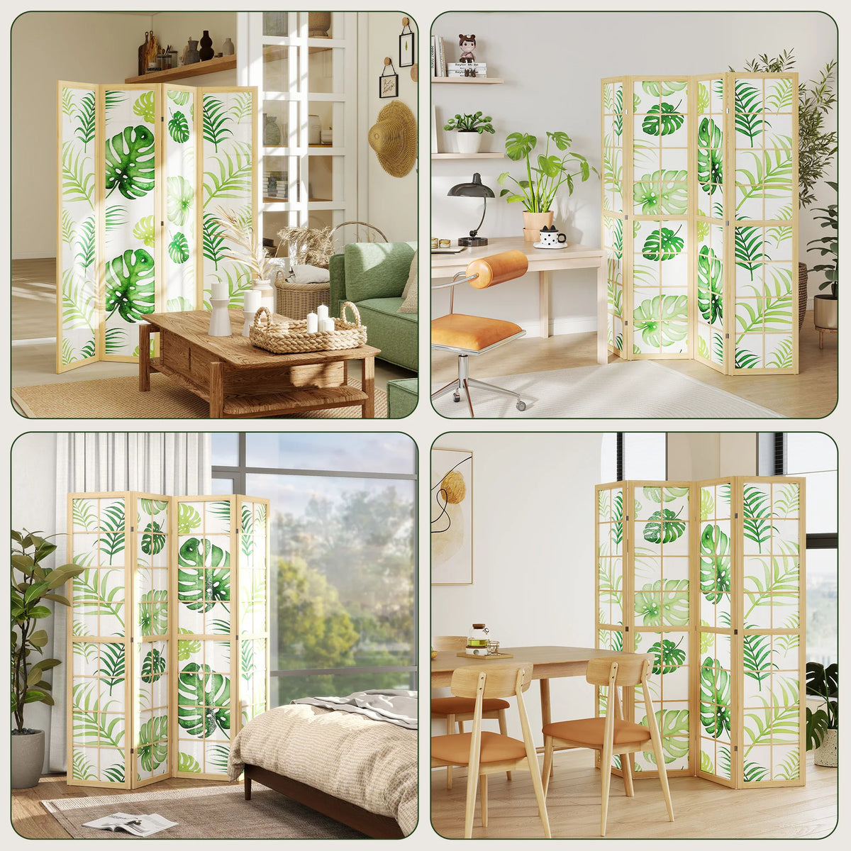 Paravent 4 panneaux imprimé feuilles de palmier, cadre pin, 160 x 170 cm – vue 4