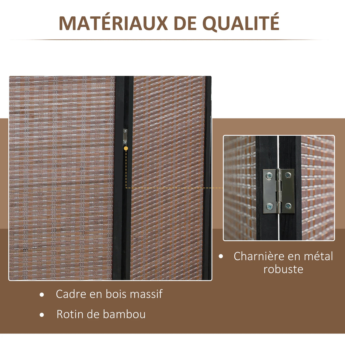 Paravent 4 panneaux bambou tressé, cadre pin, 180 x 180 cm – vue 5