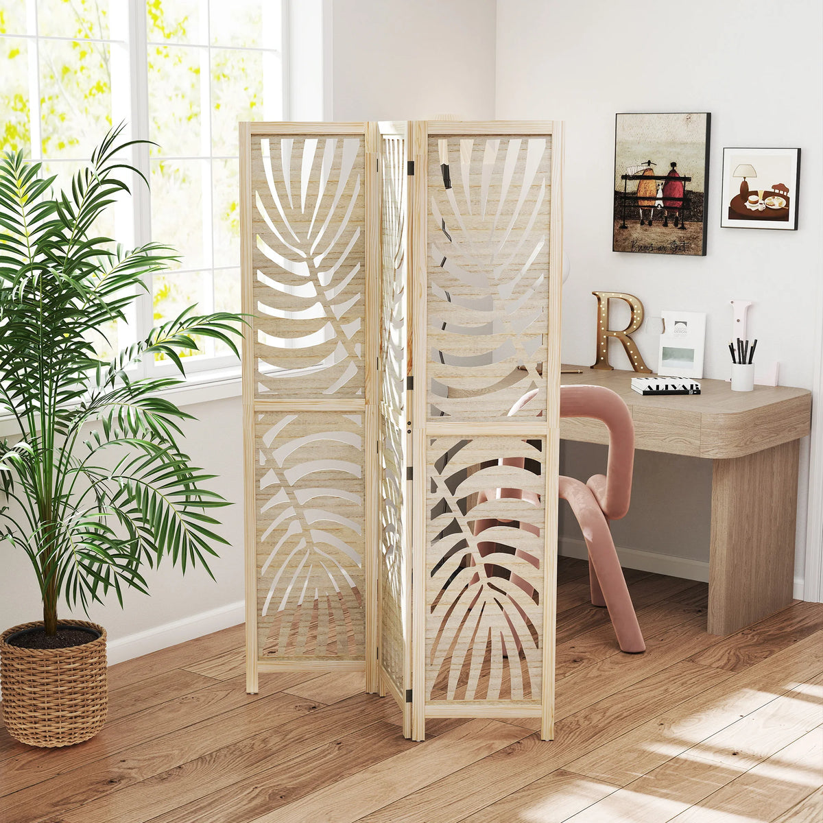 Paravent 3 panneaux paulownia ajouré motif palmier, 120 x 170 cm
