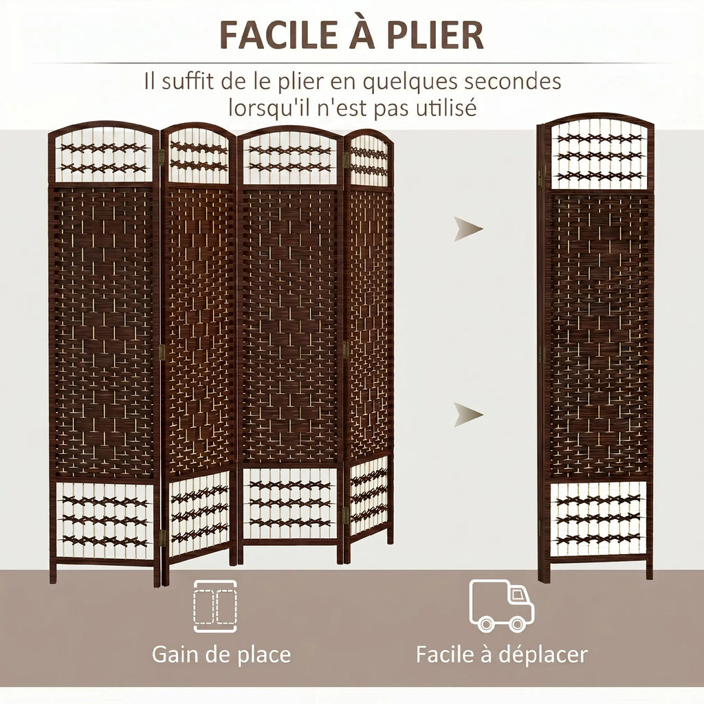 Paravent 4 panneaux tressé marron, bois massif, 160 x 170 cm – vue 5