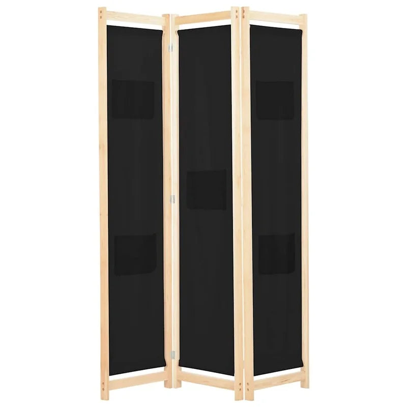 Paravent 3 panneaux tissu noir, cadre bois, 120 x 170 cm – vue 2