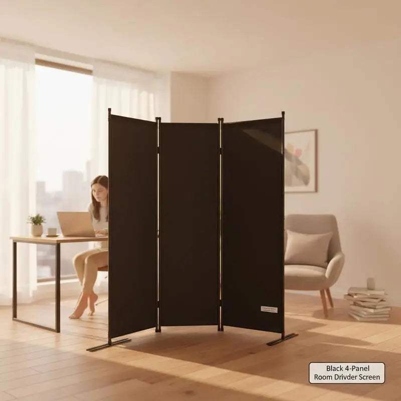 Paravent 4 panneaux tissu occultant noir, cadre métal, 228 x 172,5 cm – vue 2