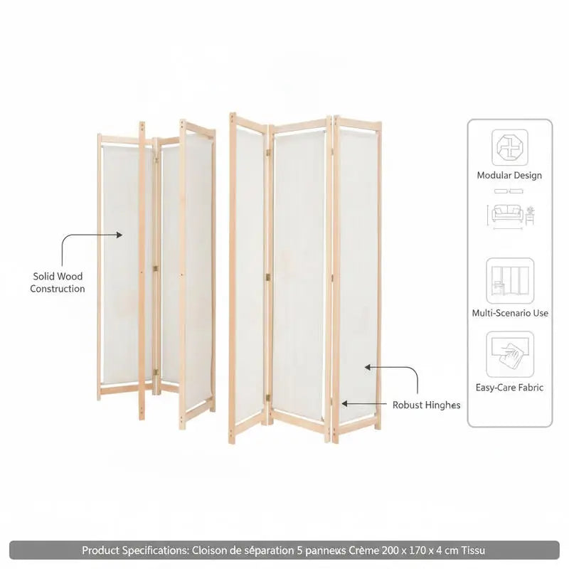 Paravent 5 panneaux tissu crème avec poches, cadre sapin, 200 x 170 cm – vue 5
