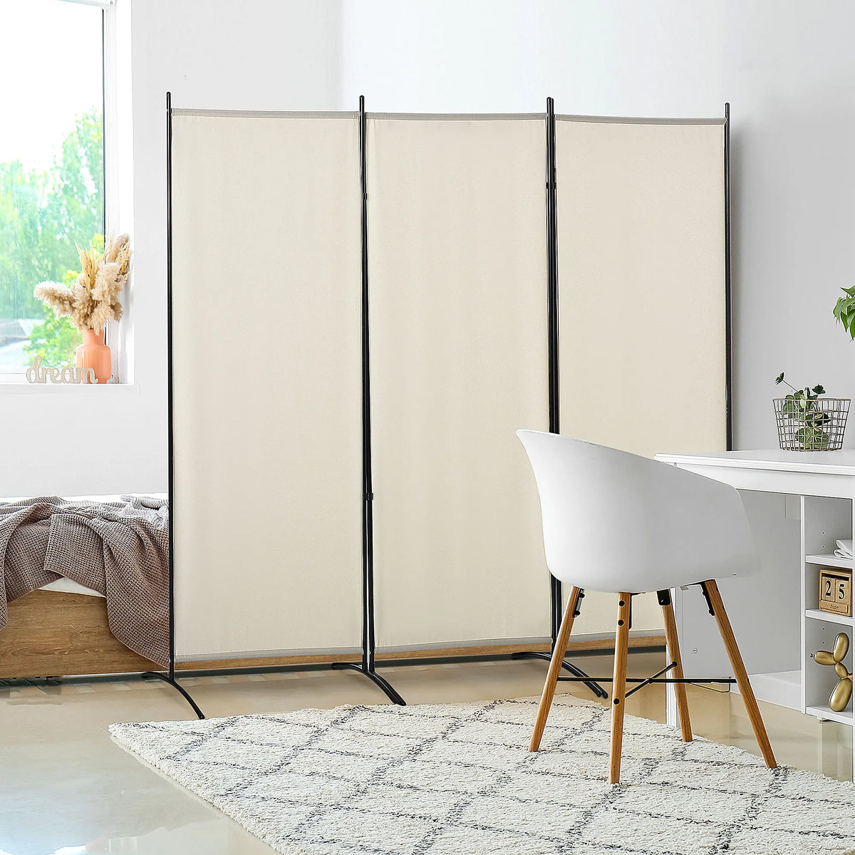 Brise-vue sur pied 3 panneaux, métal et polyester, 253 x 182 cm