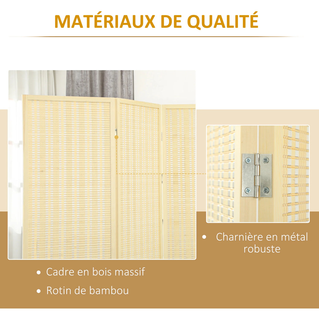 Paravent 3 panneaux bambou tressé, cadre pin, 135 x 180 cm – vue 5