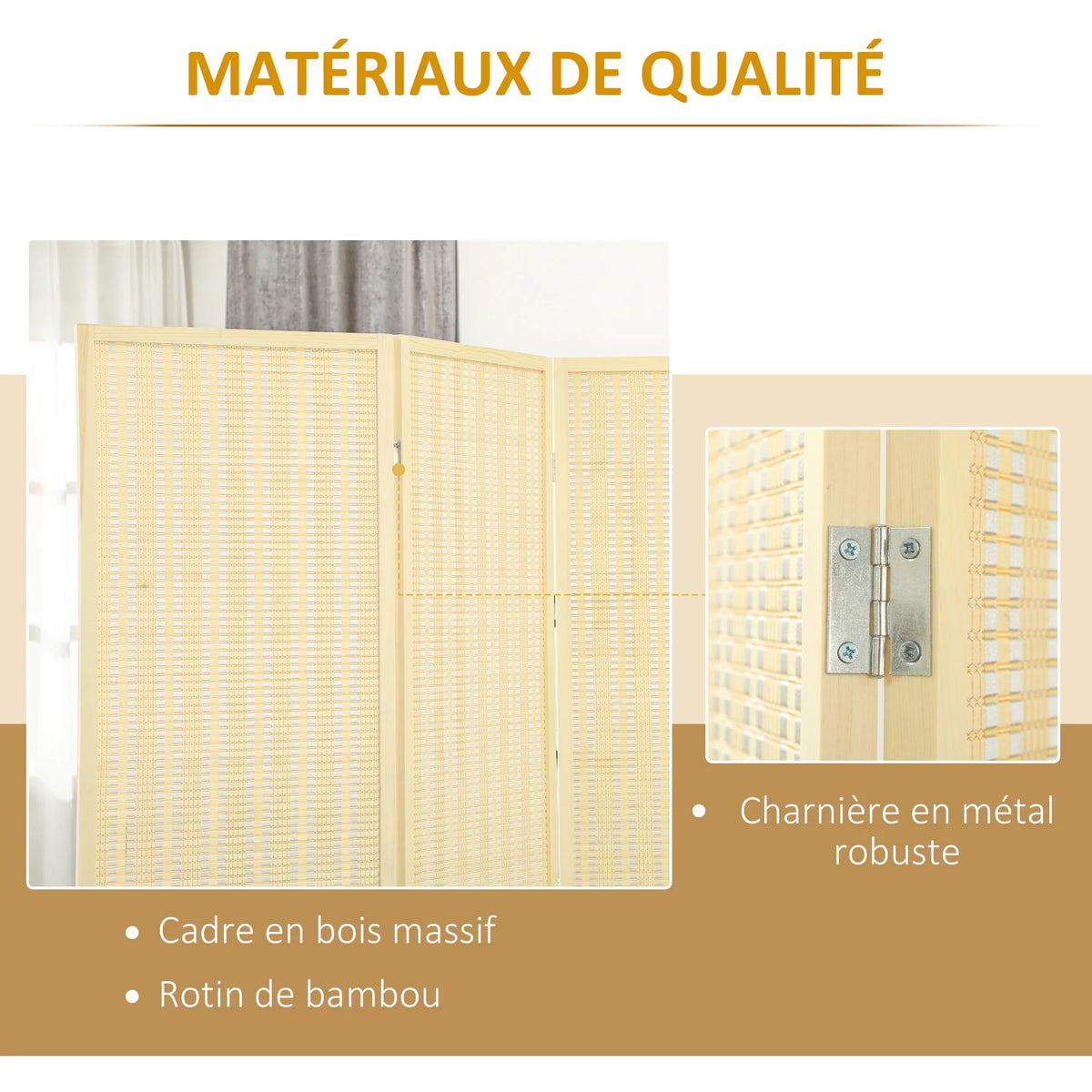 Paravent 3 panneaux bambou tressé, cadre pin, 135 x 180 cm – vue 5