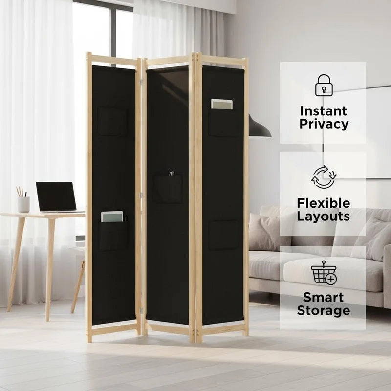 Paravent 3 panneaux tissu noir, cadre bois, 120 x 170 cm – vue 4
