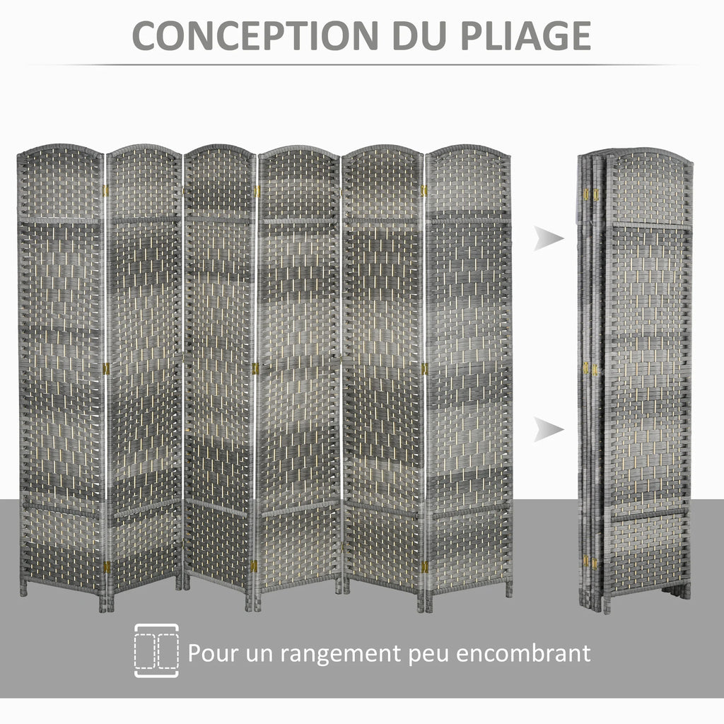 Paravent 6 panneaux tressé gris à sommet arrondi, 270 x 180 cm – vue 5