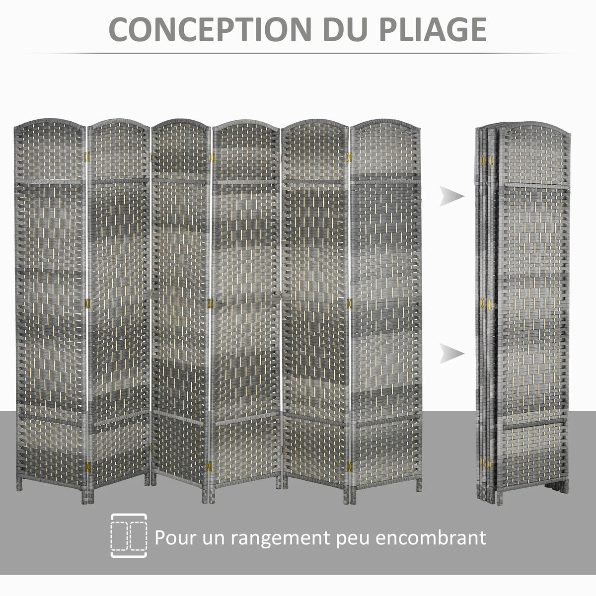 Paravent 6 panneaux tressé gris à sommet arrondi, 270 x 180 cm – vue 5