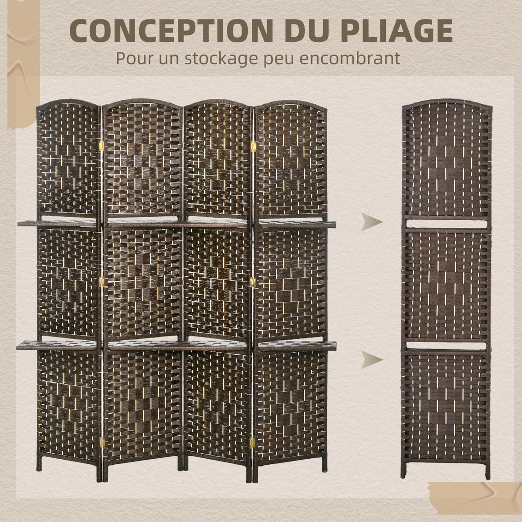 Paravent 4 panneaux tressé avec 2 étagères, pin et fibre de papier, 160 x 170 cm – vue 4