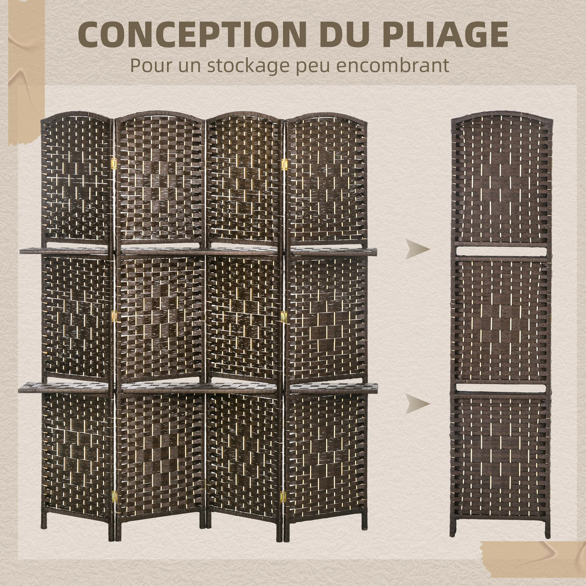 Paravent 4 panneaux tressé avec 2 étagères, pin et fibre de papier, 160 x 170 cm – vue 4