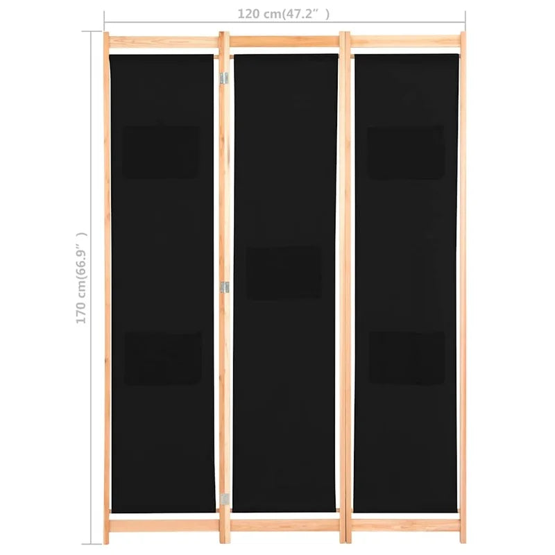 Paravent 3 panneaux tissu noir, cadre bois, 120 x 170 cm