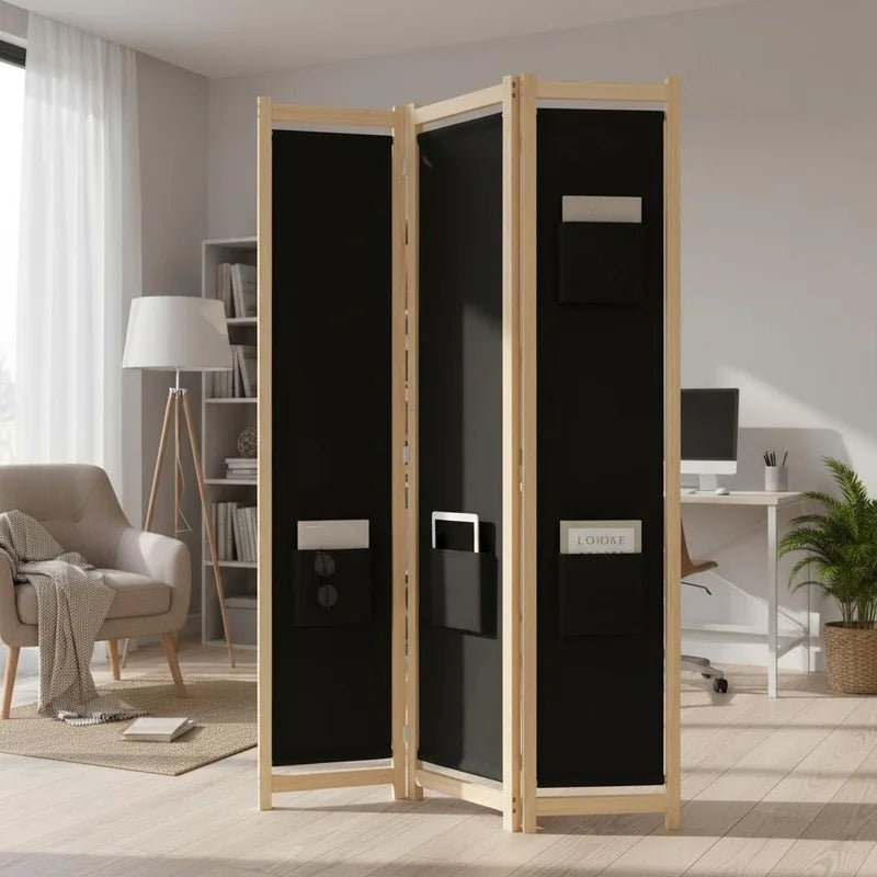 Paravent 3 panneaux tissu noir, cadre bois, 120 x 170 cm – vue 3