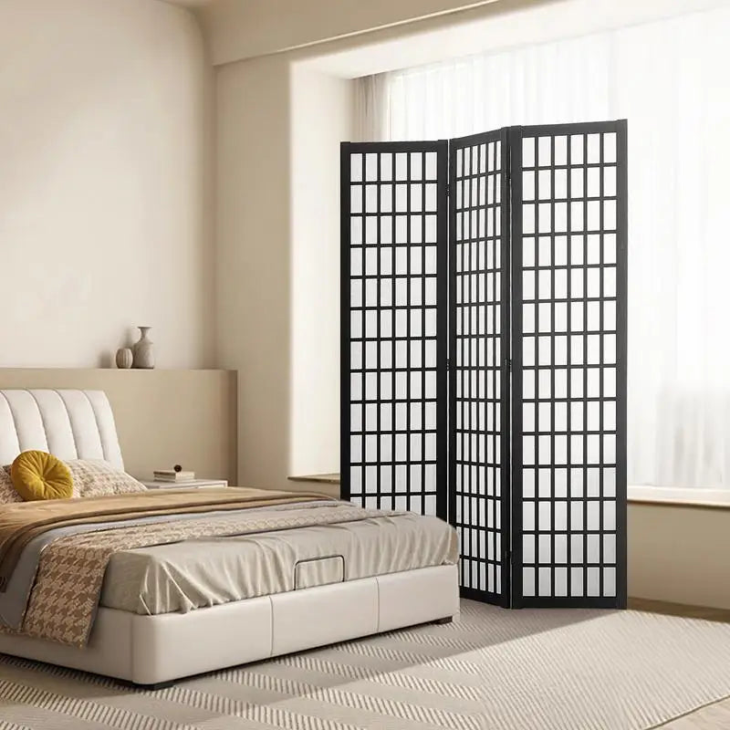 Paravent japonais shoji 3 panneaux, bois noir, 120,5 x 170 cm