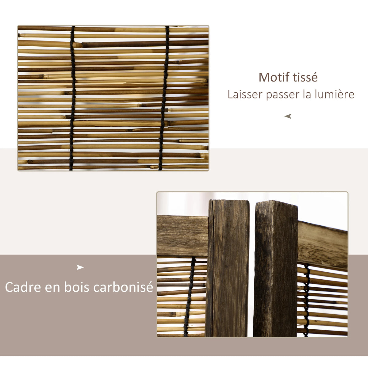 Paravent 4 panneaux roseau tressé, cadre paulownia, 160 x 170 cm – vue 4