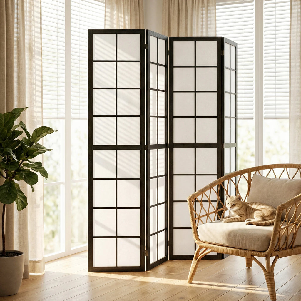 Paravent japonais shoji 4 panneaux noir, cadre pin, 160 x 170 cm – vue 3