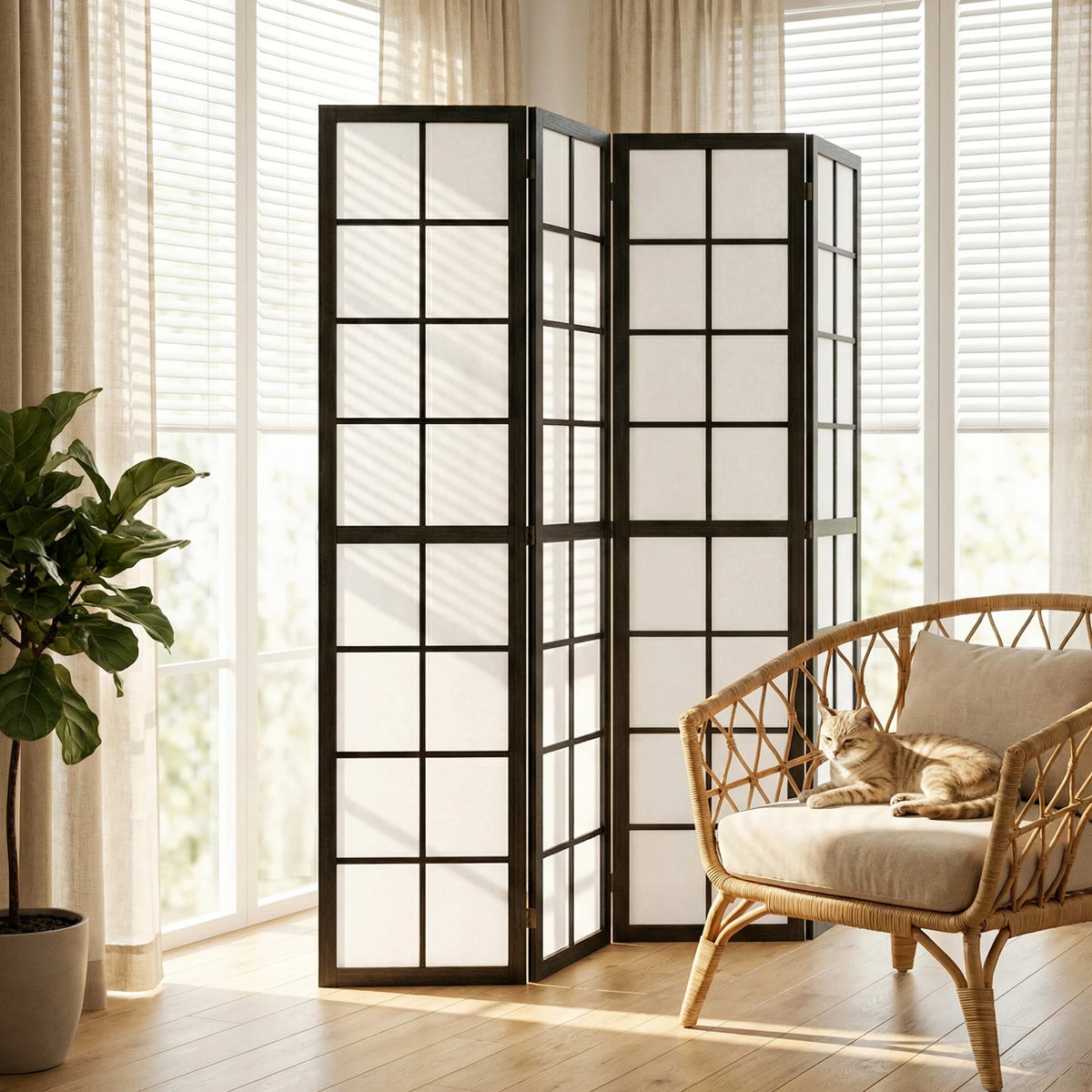 Paravent japonais shoji 4 panneaux noir, cadre pin, 160 x 170 cm – vue 3