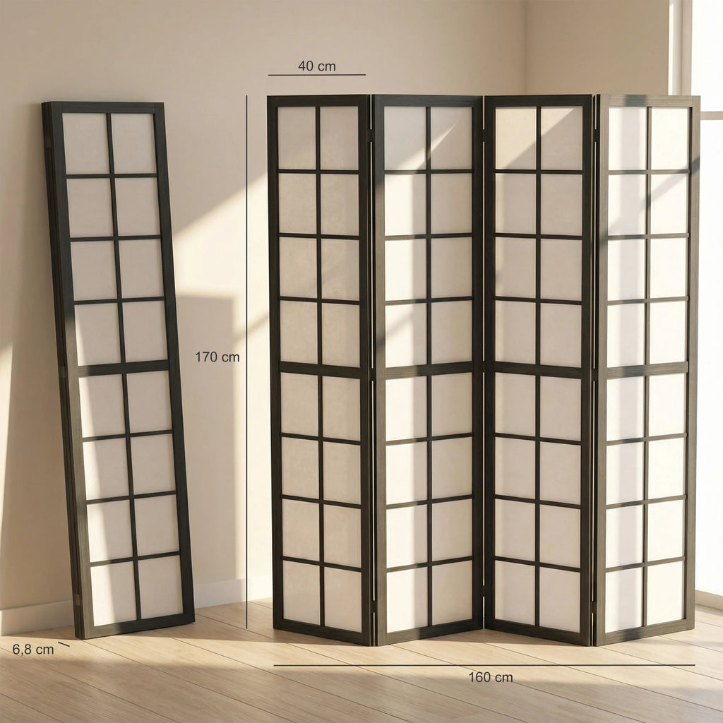 Paravent japonais shoji 4 panneaux noir, cadre pin, 160 x 170 cm – vue 5