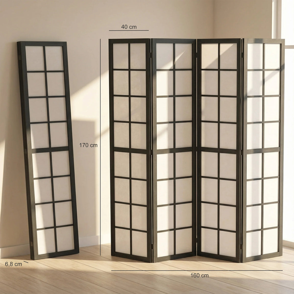 Paravent japonais shoji 4 panneaux noir, cadre pin, 160 x 170 cm – vue 5