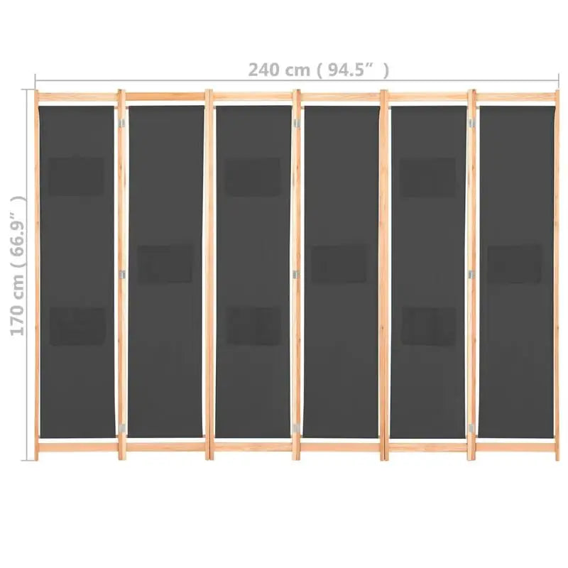 Paravent 6 panneaux tissu gris avec poches, cadre sapin, 240 x 170 cm – vue 4