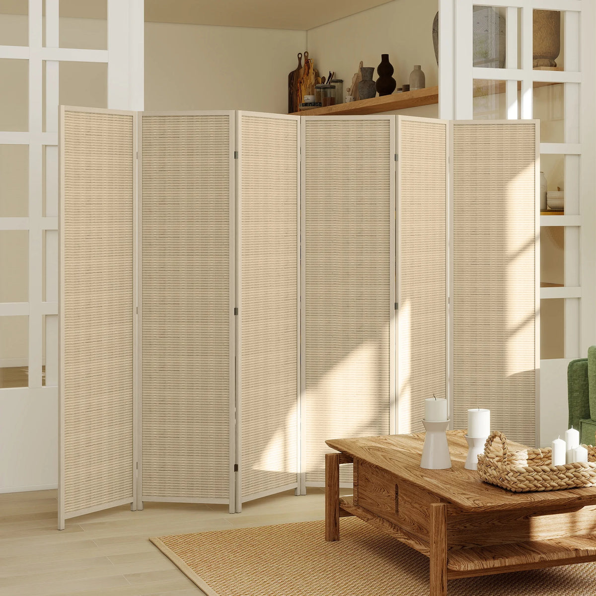 Paravent 6 panneaux bambou tressé naturel, cadre pin, 270 x 180 cm