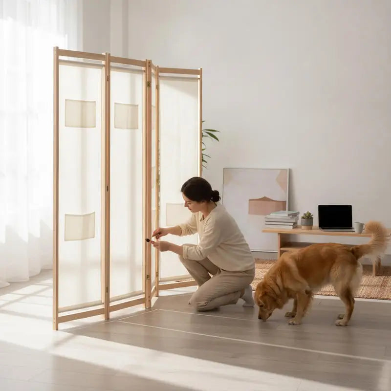 Paravent 5 panneaux tissu crème avec poches, cadre sapin, 200 x 170 cm – vue 4