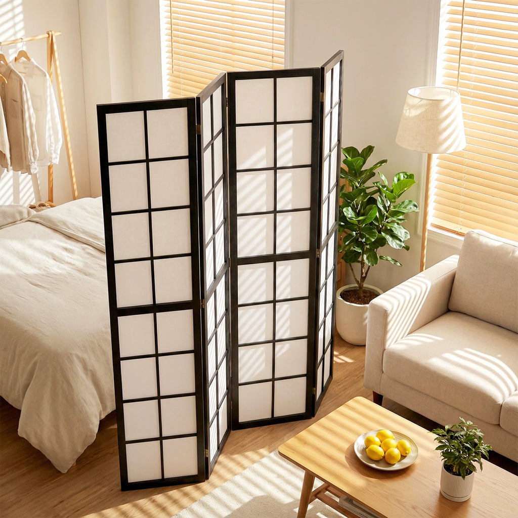 Paravent japonais shoji 4 panneaux noir, cadre pin, 160 x 170 cm – vue 2