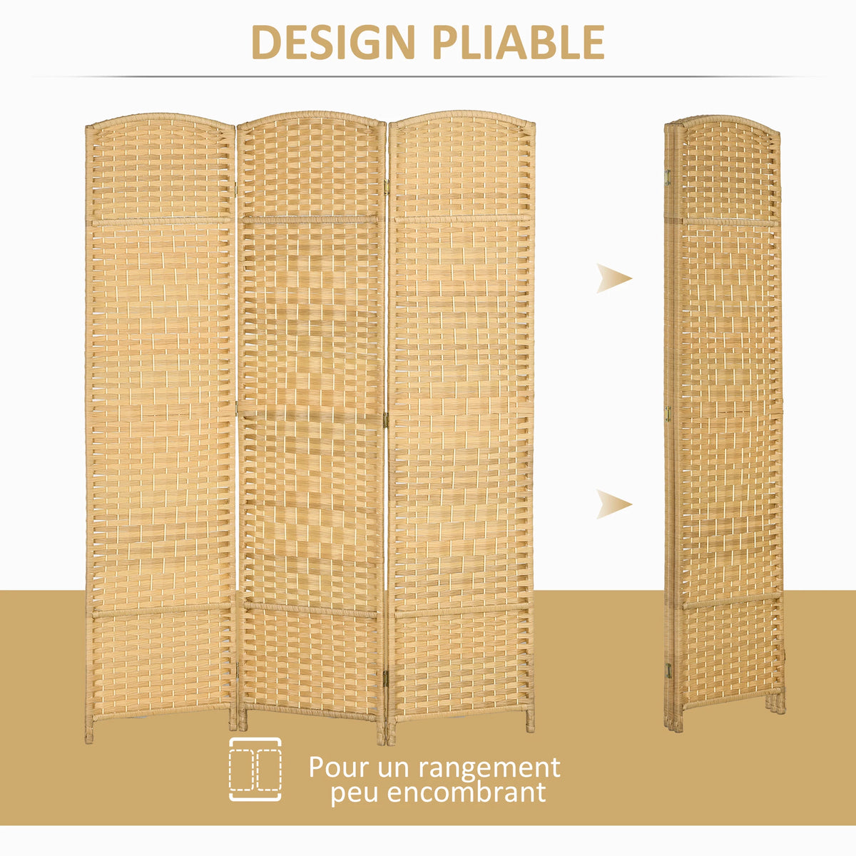 Paravent 3 panneaux tressé à sommet arrondi, cadre pin, 135 x 180 cm – vue 4