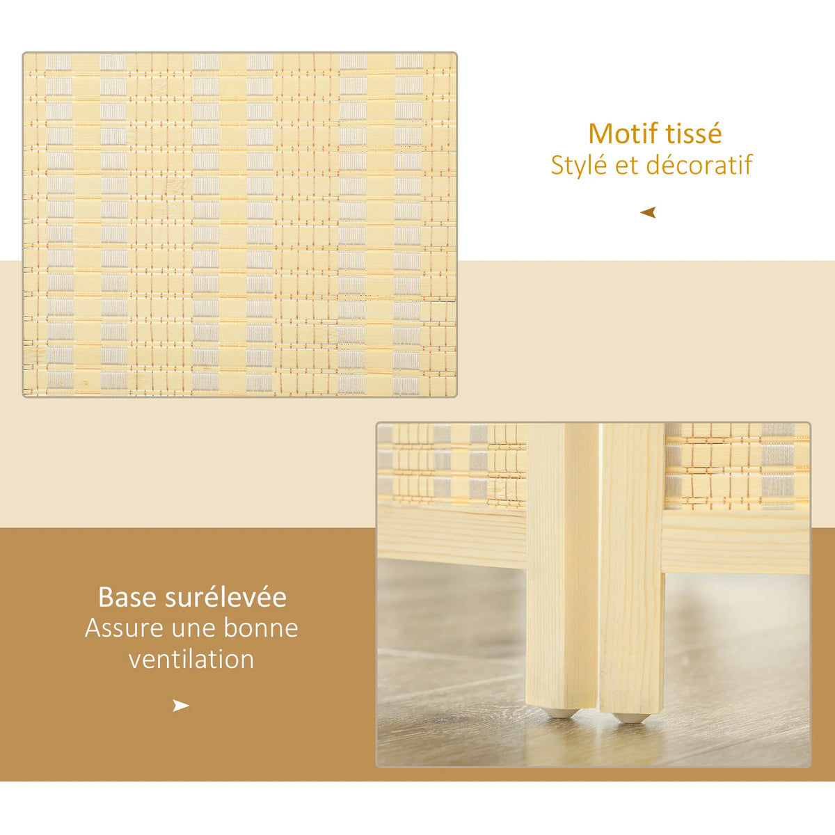 Paravent 3 panneaux bambou tressé, cadre pin, 135 x 180 cm – vue 4