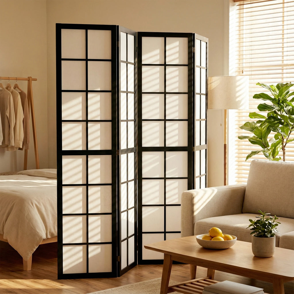 Paravent japonais shoji 4 panneaux noir, cadre pin, 160 x 170 cm