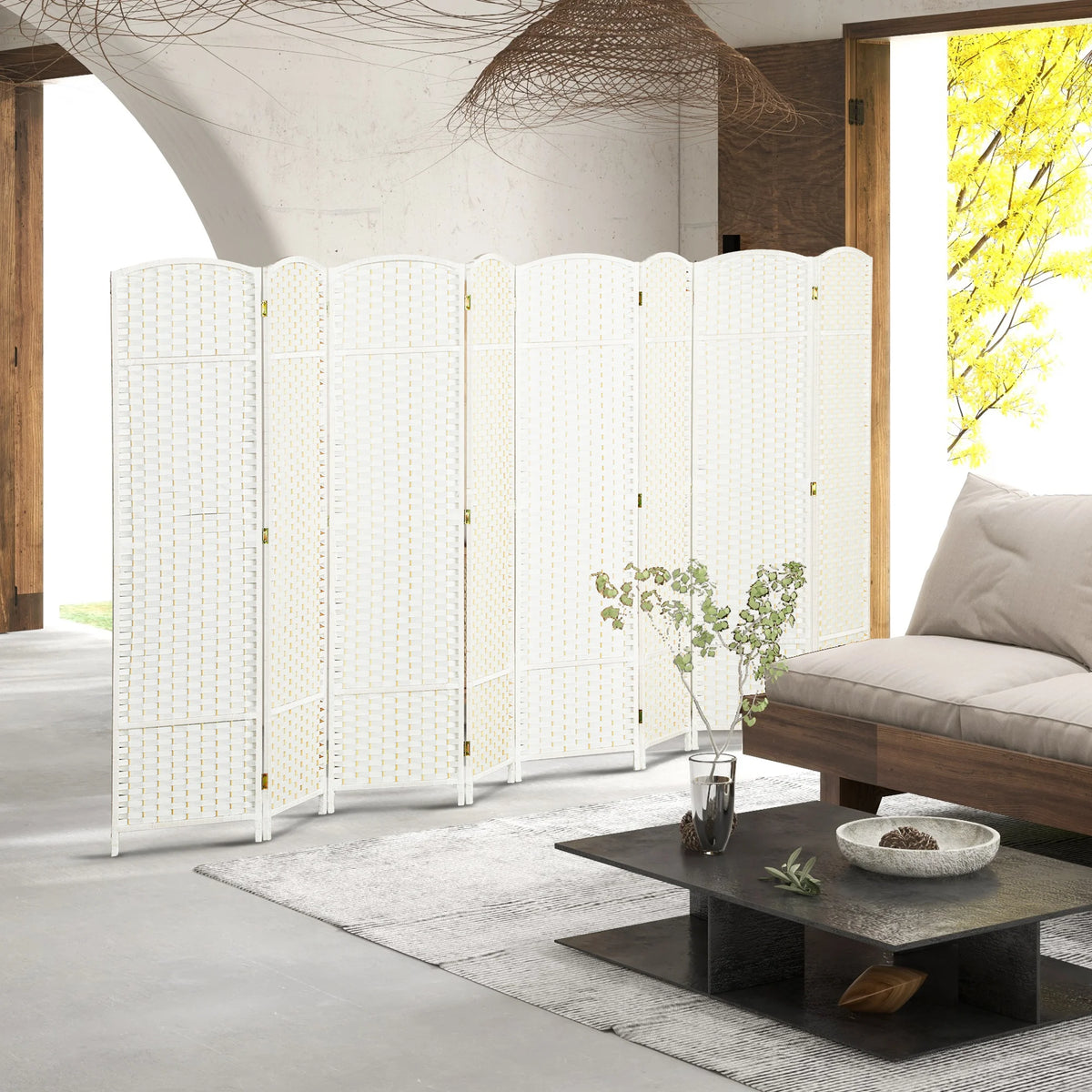 Paravent 8 panneaux tressé blanc, cadre pin, 320 x 170 cm
