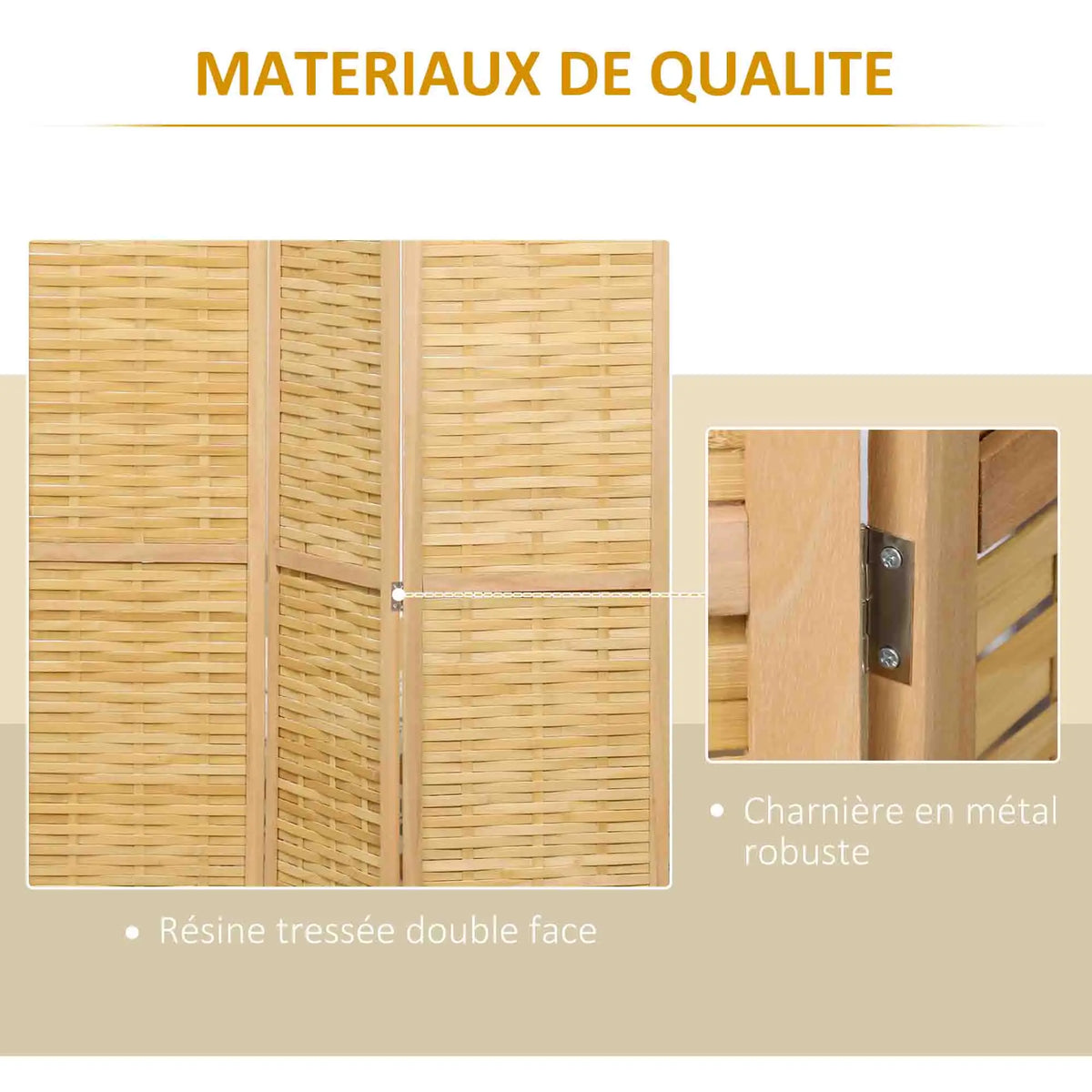 Paravent 3 panneaux bambou tressé naturel, 120 x 170 cm – vue 5